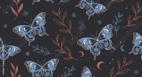 Mystical Luna Moth and Botanical Seamless Pattern on Dark Background.