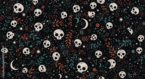 Whimsical Skull and Floral Pattern on Dark Background.
