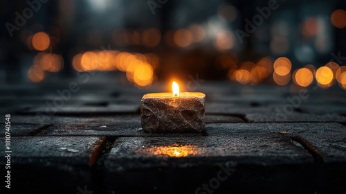 A solitary candle flickers on a dimly lit surface, surrounded by a soft glow of blurred lights, creating a serene and warm atmosphere.