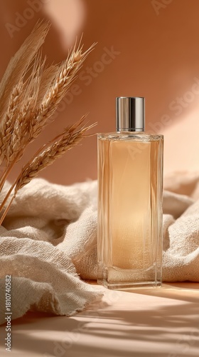 A sleek perfume bottle sits elegantly on a textured surface, surrounded by soft fabrics and natural elements, creating a warm and inviting atmosphere.