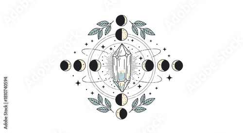 Mystical Crystal and Moon Phases Celestial Design.