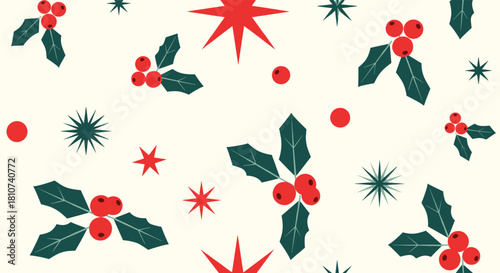 Festive Holly and Star Pattern on White Background.