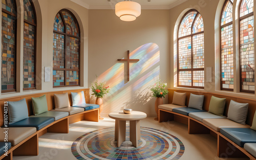 Cozy chapel interior with stained glass windows wooden cross and circular seating a peaceful space for prayer and reflection