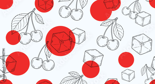 Seamless Pattern with Cherries Ice Cubes and Red Circles on a White Background.