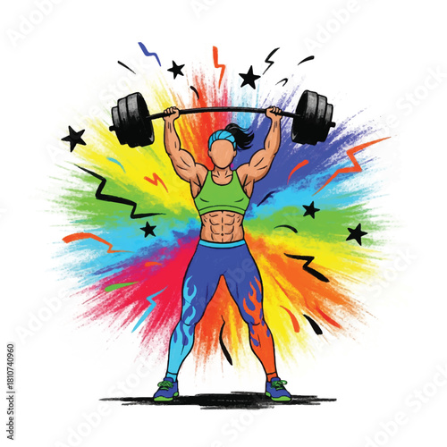 A strong woman weightlifter powerfully lifts a barbell overhead, set against a vibrant and colorful explosion of paint and graphic elements.
