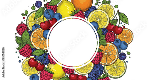 Vibrant Fruit Medley Circle Frame Illustration with Fresh Berries and Citrus.