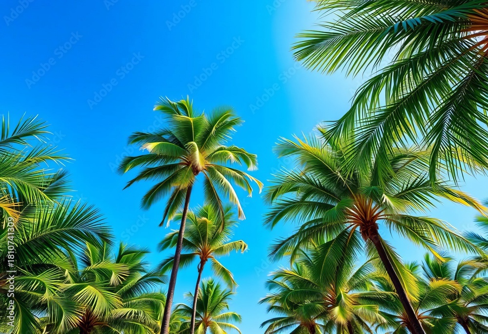 Fototapeta premium Lush green palm trees against a vibrant blue sky, palm trees, beach