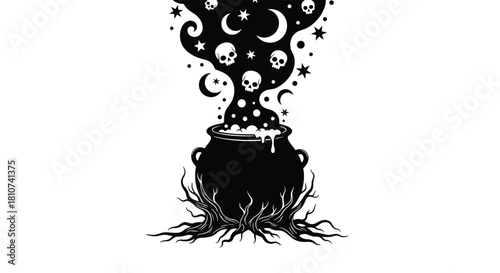 Mystical Cauldron with Magic Potion and Skulls.