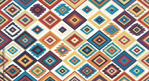 Vibrant geometric diamond pattern seamless background with colorful ethnic tribal textile design.