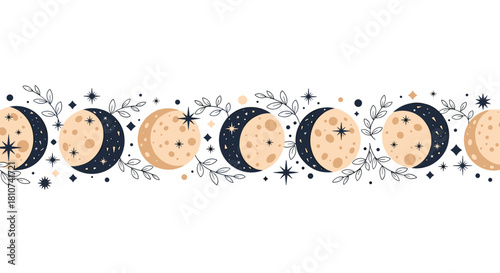 Seamless border with moon phases stars and celestial elements.