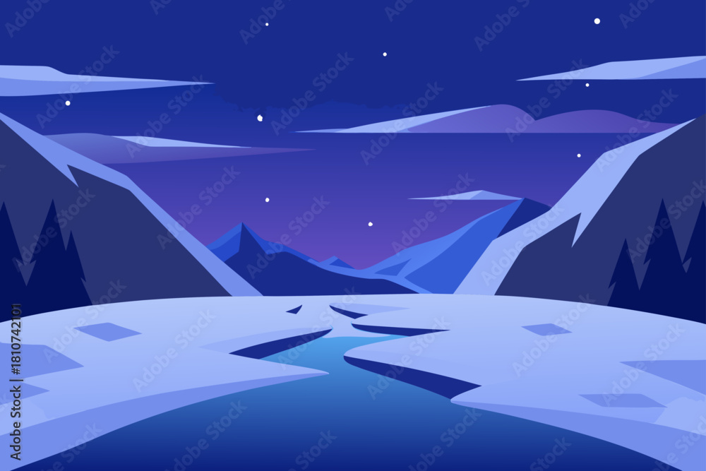 Obraz premium Stylized winter night landscape with icy river and mountains.