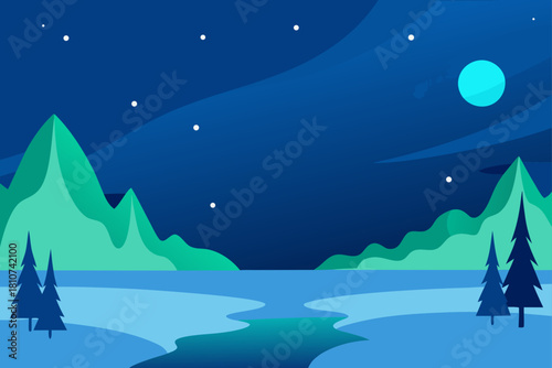 Flat design winter night landscape with mountains, moon, and trees