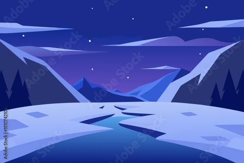 Stylized winter night landscape with icy river and mountains.