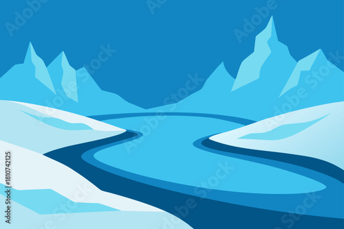 Minimalist arctic scene with mountains, snow, and winding river