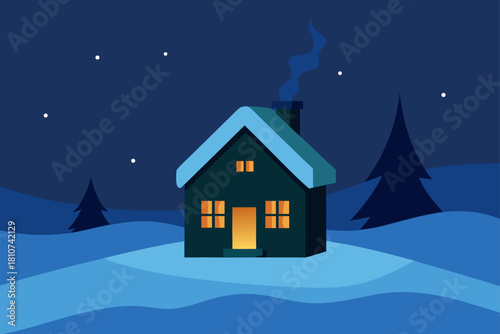 Cozy house in a snowy winter night with glowing windows and smoke.