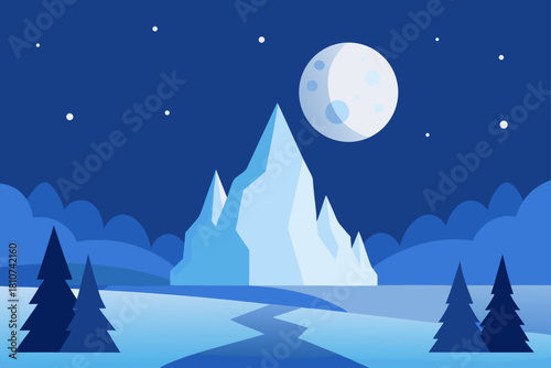 Winter mountain night scene illustration, moonlit frozen land.