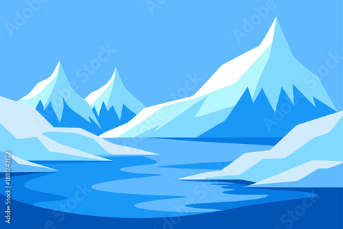 Icy mountain peaks and blue water scene, flat design illustration