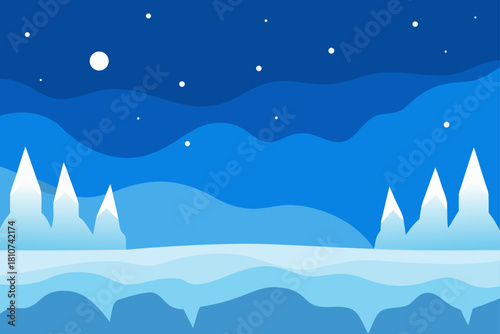 Stylized winter night landscape with snow peaks and full moon
