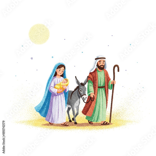 Illustration depicting Mary holding baby Jesus, accompanied by Joseph and a donkey, traveling under the moon and stars.