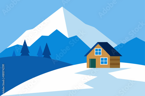 Cozy house in a serene winter mountain landscape illustration