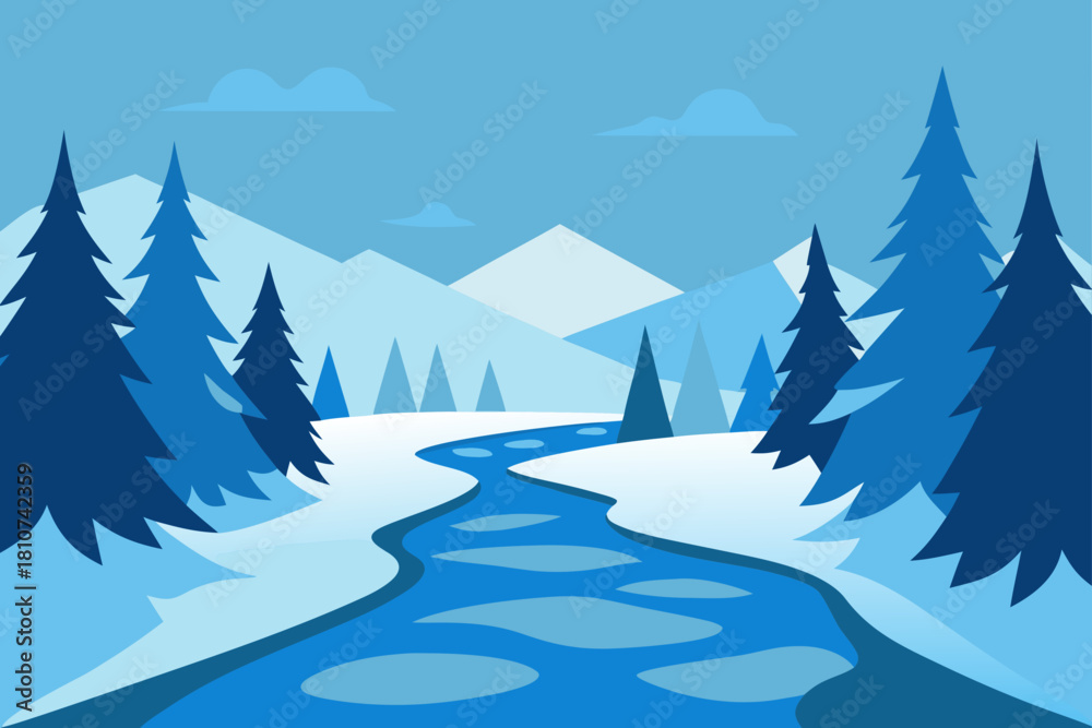Fototapeta premium Stylized winter landscape with winding river, mountains, and pine trees