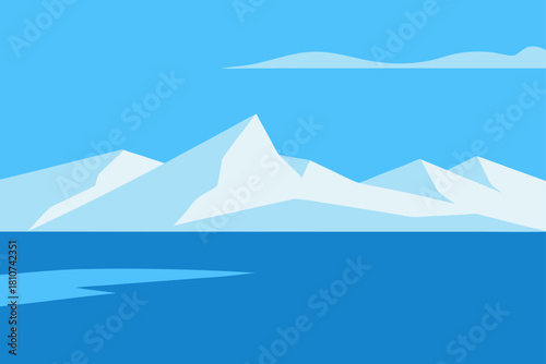 Minimalist ice mountains in blue water under sky illustration