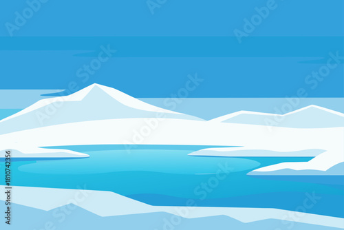 Frozen arctic scene with snowy mountains and clear blue water