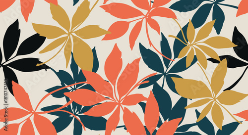 Vibrant Autumn Leaves Pattern: A Colorful and Dynamic Botanical Design.