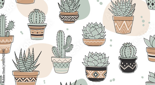 Seamless pattern with hand-drawn cacti and succulents in decorative pots perfect for fabric wallpaper or textile design.