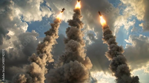 Military truck missile launcher fires  missiles into the sky