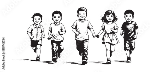 Simple vector sketch of cheerful children on a transparent background.