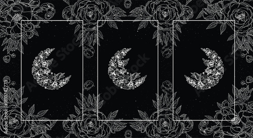 Mystical Tarot Cards with Crescent Moon and Gothic Floral Design.