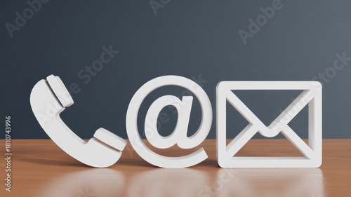 Contact Icons Trio: A minimalist composition showcasing telephone, email, and mail icons, all essential communication tools on a wooden surface.