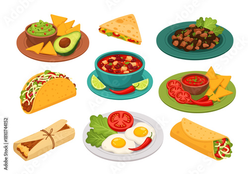 A colorful set of traditional Mexican food illustrations featuring tacos, burritos, spicy chili soup, fresh guacamole, tamales, and huevos rancheros, perfect for restaurant menus or culinary designs