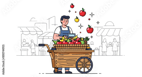 Illustration of a vendor with a wooden cart full of fruits and vegetables at an outdoor market, with stylized sparkles and background figures.