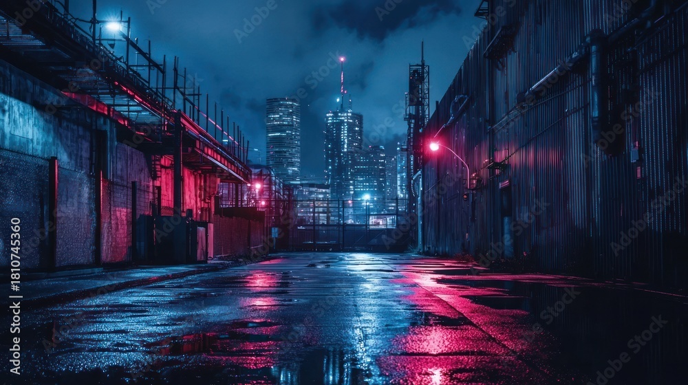 Naklejka premium Neon Reflections in a Wet City Alley at Night.