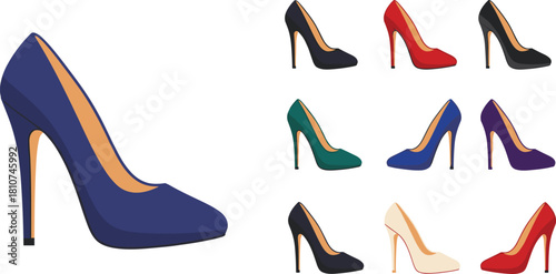 High heel shoes collection, colorful stiletto heels, fashion footwear, elegant design, stylish pumps, variety, retail, display, illustration, trendy