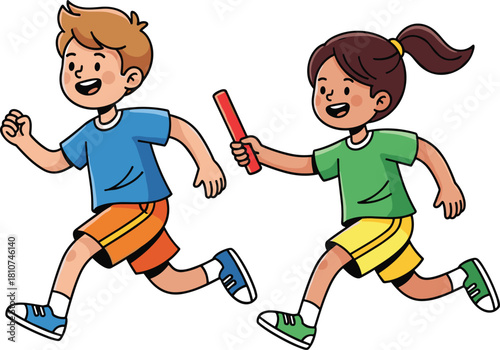 Happy Boy and Girl Running a Relay Race, Passing the Baton, Representing Teamwork, Sport, and Athletic School Activities.