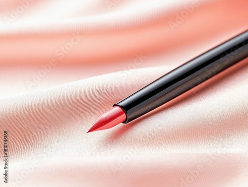 A close-up shot of a red lipstick with a black casing rests on a smooth, pink satin fabric, highlighting its texture and color.
