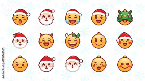 Festive emoji set features Christmas and holiday themes with expressive cartoon faces on white
