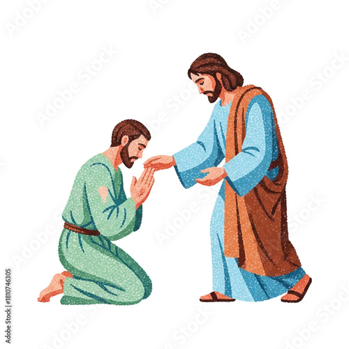 Jesus Christ with hand outstretched touches a kneeling man in need of healing and compassion.