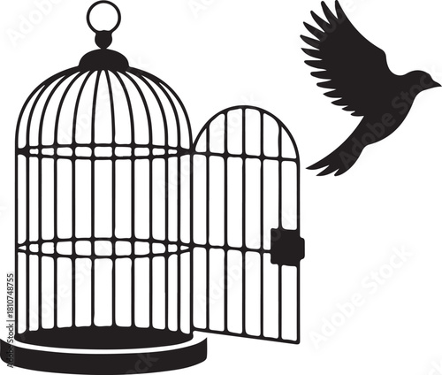 Bird escaping from an open cage symbolizing freedom and new beginnings