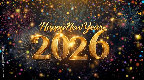 Happy New Year 2026 gold text effect firework star confetti Background