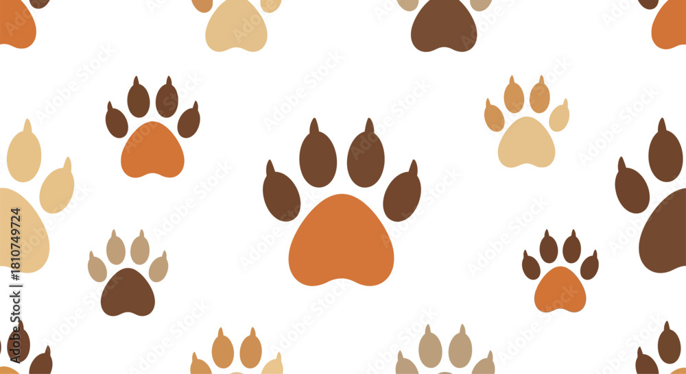 Fototapeta premium A charming seamless pattern of dog and cat paw prints in various shades of brown and orange, creating a playful and adorable animal-themed background