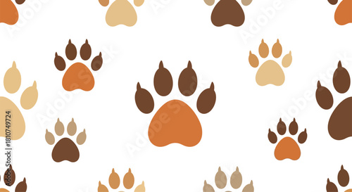 A charming seamless pattern of dog and cat paw prints in various shades of brown and orange, creating a playful and adorable animal-themed background