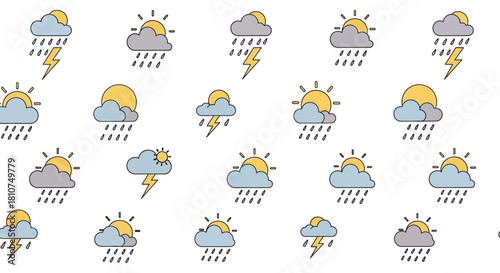 Colorful seamless pattern of various weather forecast icons including sun, clouds, rain, and lightning on a white background