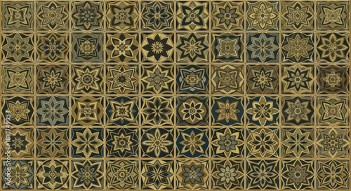 Intricate gold and blue ornamental tiles in a decorative mosaic, showcasing geometric and floral patterns for a luxurious vintage background texture