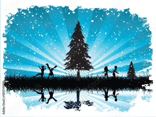 Santa flying across full moon on snowy winter night with pine tree silhouettes