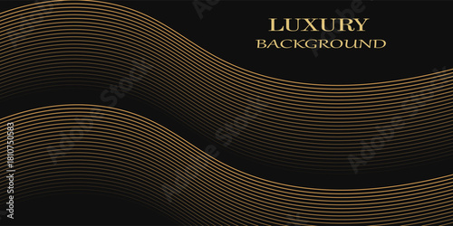 Abstract luxury with shining gold lines waves on black background. Futuristic background of flowing gold lines for banner, poster, cover, brochure, flyer, website