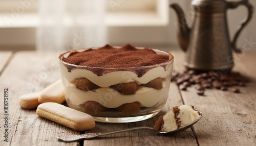 Fototapeta Naklejka Na Ścianę i Meble -  Delicious tiramisu dessert served in a glass bowl, with ladyfingers and coffee beans on a wooden surface.